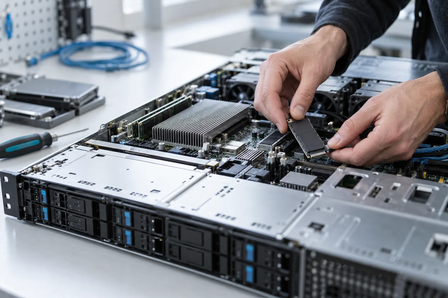 Hände an einem geöffneten kompakten Server auf einem hellen Arbeitstisch